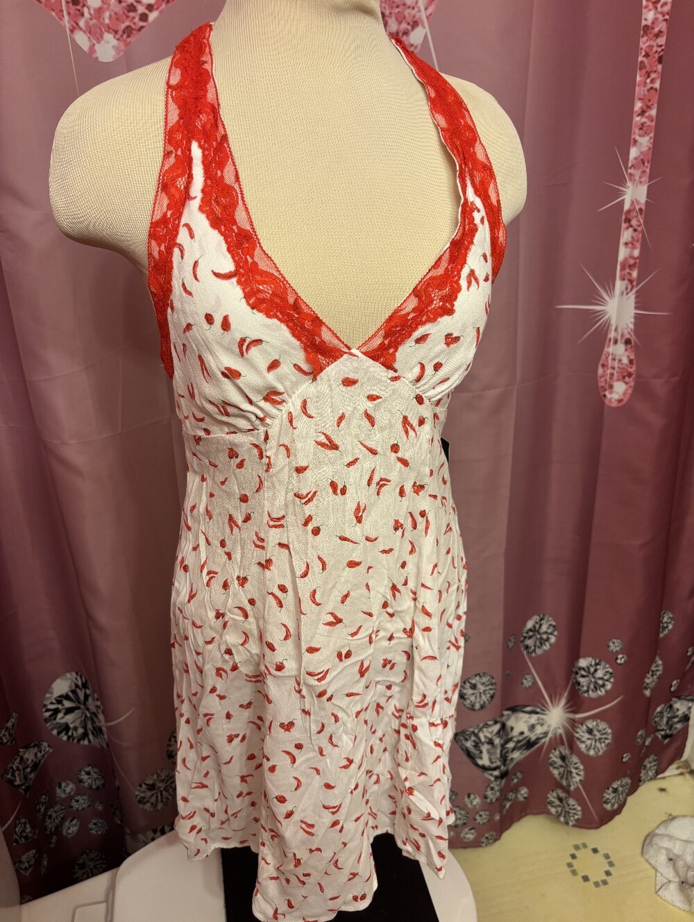 Off-White White Chemise with Red Lace Trim and Lip Print
